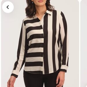 DKNY Mixed Stripe Cream/Black Long Sleeve Button Blouse| Sz M NWT